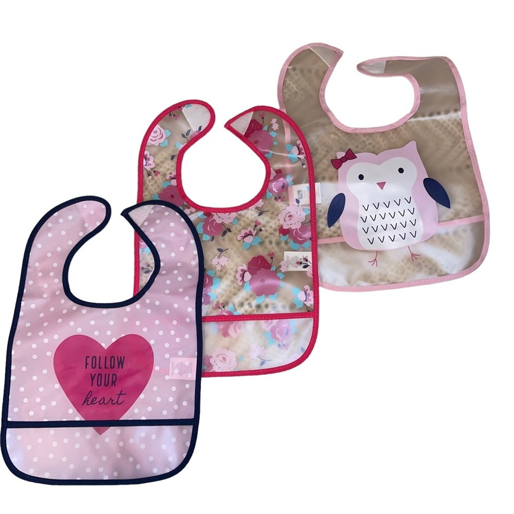 HB Set Of 3 Bibs Wipeable Plastic Owl Theme 9”x8” Pink